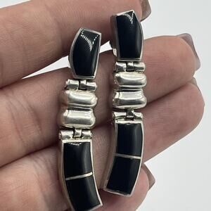 Taxco Mexico TM-153 Sterling Silver Black Onyx Inlay Modernist Dangle Earrings